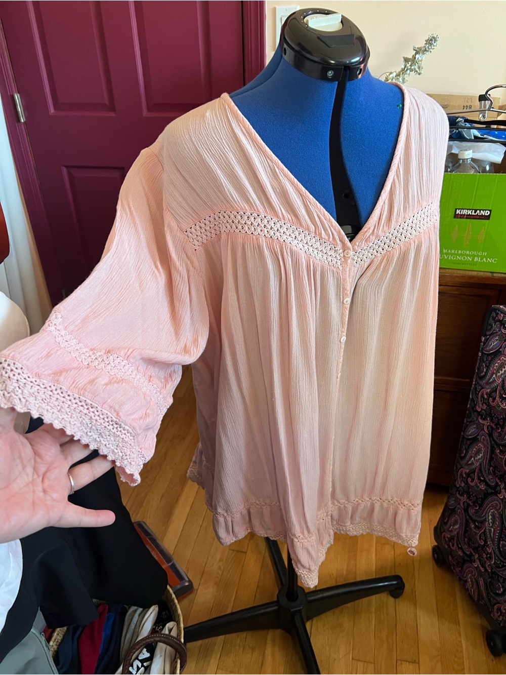 Karen Kane Light Pink Crochet-Trim Peasant Tunic